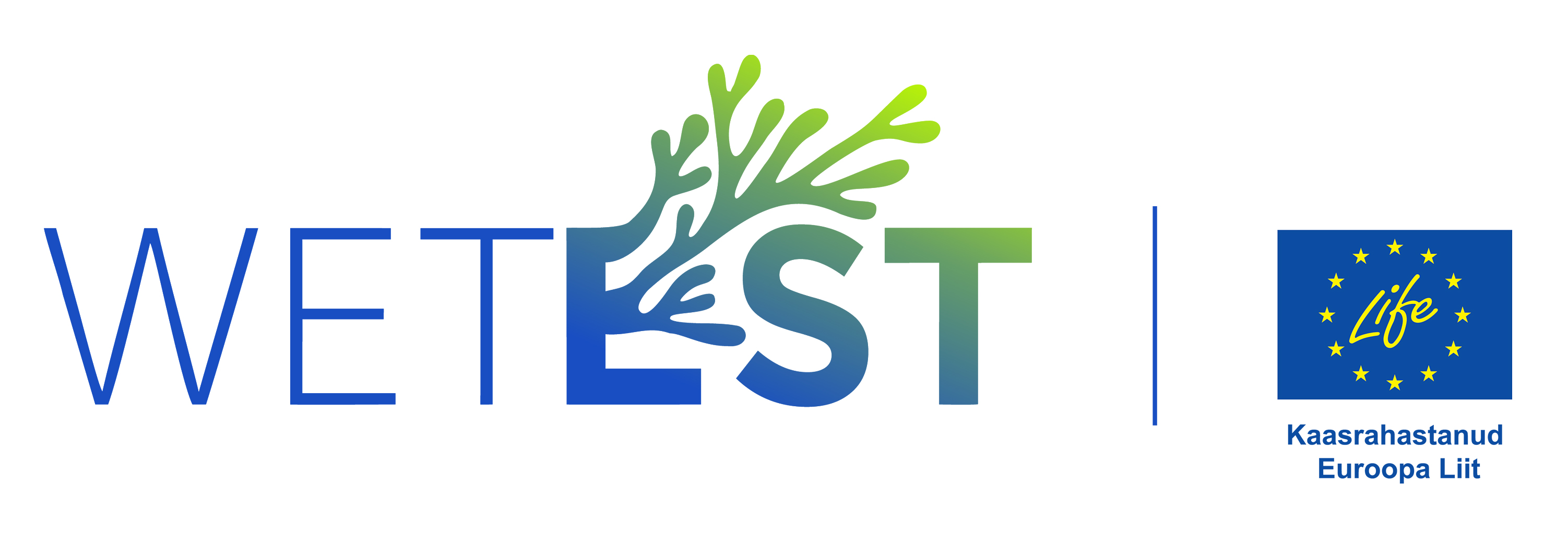 Life Programmi logo ja WETEST projekti logo, kust E-tähest kasvab välja põisadru, mis on vetikas