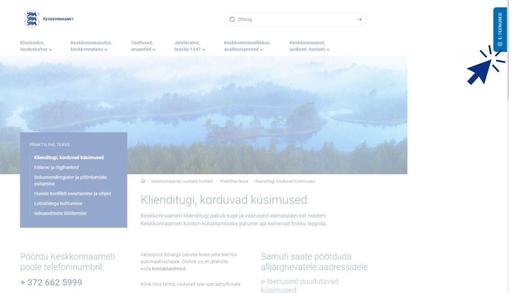 Keskkonnaameti e-teenused leiad kodulehe parempoolsest servast