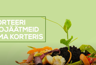 rohelisel taustal on kiri "Sorteeri biojäätmeid oma korteris" ning esiplaanil peotäis köögiviljade koori, hernevõrse ja kohvipaksu.